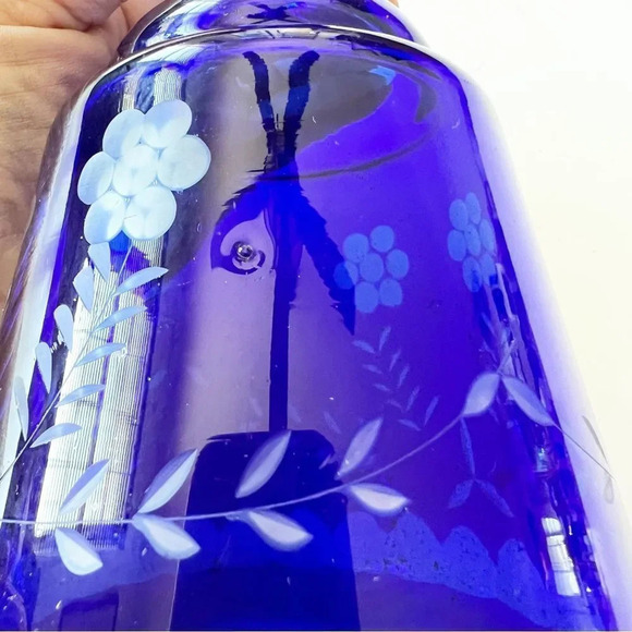Bohemian Glass Cobalt Blue Cut to Clear Crystal Water Decanter Flask Vase No Cup - Picture 8 of 10
